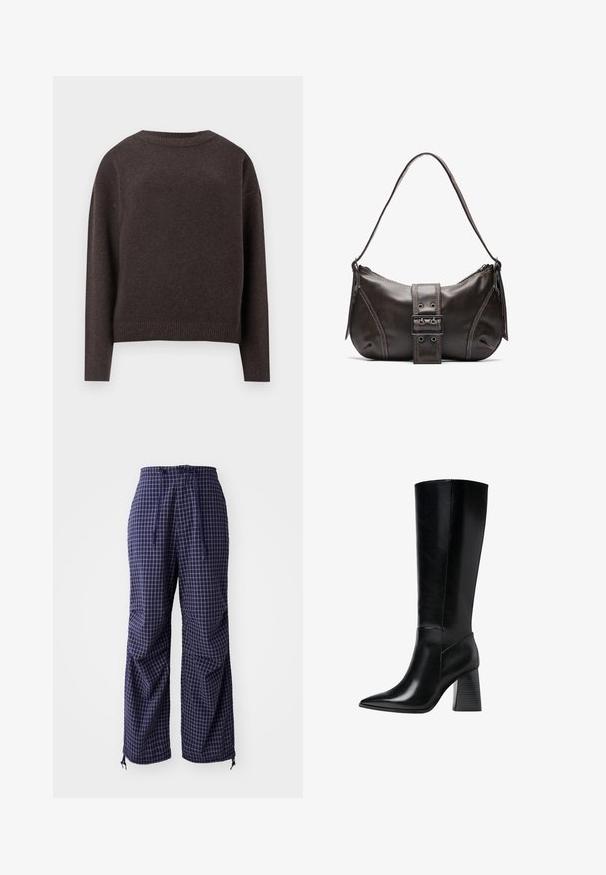 Tmavohnedý pulóver s okrúhlym výstrihom a dlhými rukávmi, so širokými manžetami a lemom, zobrazený zozadu na bielom pozadí.; Námornícke kockované nohavice s voľným strihom, s pásom na šnúrku, elastickými manžetami a ľahkým textilným materiálom. Obsahujú malé uzlové akcenty.; Čierne kožené boty po kolená s špicatou špičkou, hladkou textúrou a hrubým, drážkovaným podpätkom pre stabilitu. Elegantný dizajn s minimálnymi akcentmi.; Hnedá kožená taška cez plece s zakriveným tvarom, s výrazným detailom sponky, kontrastným prešívaním a jedným popruhom na plece.
