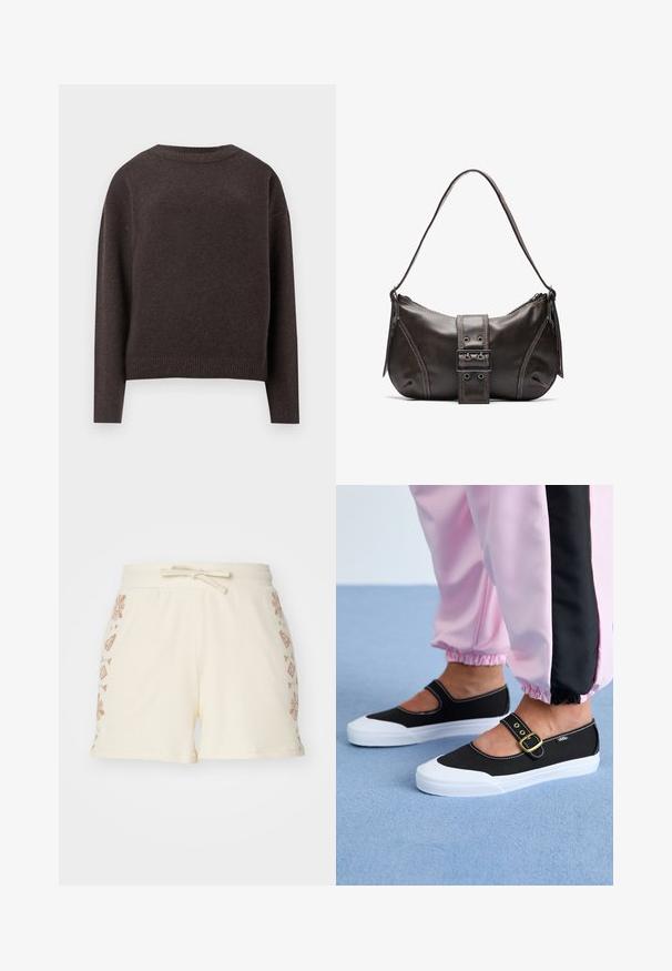 Tmavohnedý pulóver s okrúhlym výstrihom a dlhými rukávmi, so širokými manžetami a lemom, zobrazený zozadu na bielom pozadí.; Krémové rebrované šortky s viazaním v páse, na bokoch s dekoratívnymi hnedými kvetinovými a geometrickými vzormi.; Čierne plátenné topánky s bielou podrážkou, s výrezovým dizajnom a zlatým prackovým remienkom. Nosené s ružovými teplákmi.; Hnedá kožená taška cez plece s zakriveným tvarom, s výrazným detailom sponky, kontrastným prešívaním a jedným popruhom na plece.