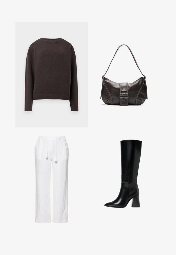 Tmavohnedý pulóver s okrúhlym výstrihom a dlhými rukávmi, so širokými manžetami a lemom, zobrazený zozadu na bielom pozadí.; Biele ľanové nohavice s elastickým pásom a šnúrkou, s dvoma bočnými vreckami a voľným, rovnými nohavicami.; Čierne kožené boty po kolená s špicatou špičkou, hladkou textúrou a hrubým, drážkovaným podpätkom pre stabilitu. Elegantný dizajn s minimálnymi akcentmi.; Hnedá kožená taška cez plece s zakriveným tvarom, s výrazným detailom sponky, kontrastným prešívaním a jedným popruhom na plece.