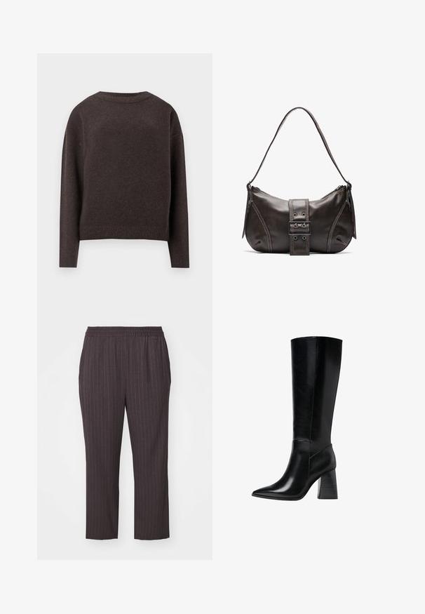 Mørkebrun crewneck sweater med lange ærmer samt ribbede manchetter og nederste kant, vist fra ryggen på en hvid baggrund.; Mørkegrå bukser med elastisk talje, lodrette striber, smal bunde, glat stof og sidelommer for et strømlinet design.; Knæhøje sorte læderstøvler med spids tå, glat tekstur og en chunky rillede hæl for stabilitet. Elegant design med minimale accenter.; Brun læder skuldertaske med en buet form, der har et fremtrædende spænde, kontrasterende syninger og en enkelt skulderrem.