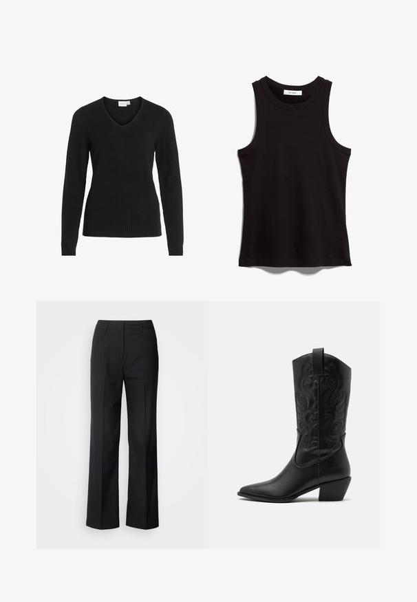 Pull noir en V en tissu doux, avec des manches longues, un ourlet et des poignets côtelés, au design simple et classique.; Débardeur noir en tissu côtelé. Il présente une encolure ras du cou et de larges emmanchures. Ourlet droit avec des détails de couture. Conception simple.; Scotch & Soda CORE EDIE - Pantalon classique - black; Bottes de cowboy en cuir noir avec un bout pointu, des motifs en relief en spirale et un talon de hauteur moyenne. Équipées d'une languette pour un enfilage facile.