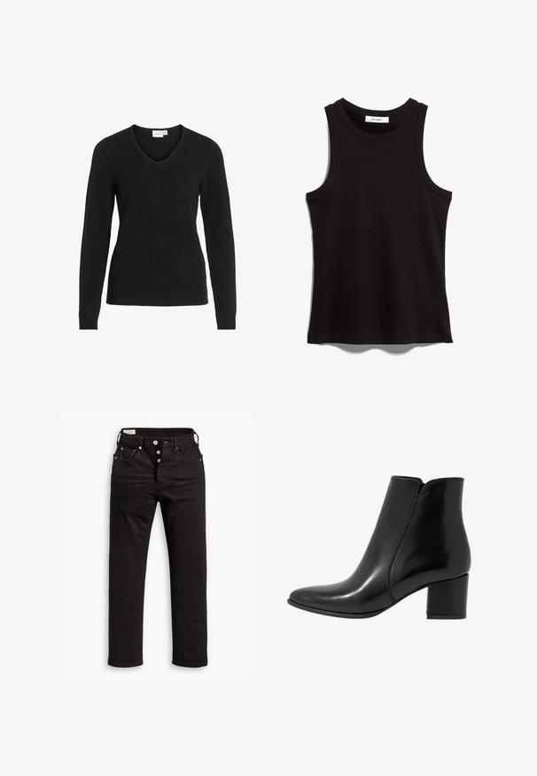 Pulover negru cu decolteu în V, realizat dintr-un material moale, având mâneci lungi, tiv și manșete strâmte, cu un design simplu și clasic.; Top negru din material cu riburi. Prezintă un guler rotund și umeri largi. Bretele drepte cu detalii cusute. Design simplu.; Jeans negre cu picioare drepte, cu închidere cu nasturi, buzunare frontale și laterale, și detalii cu nituri de cupru pe un fundal alb.; Anna Field LEATHER - Botine clasice - black