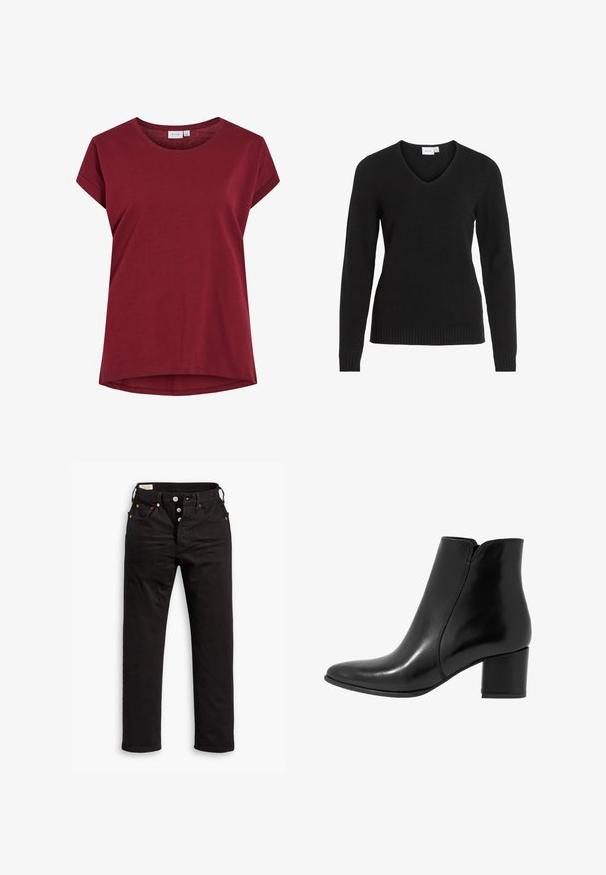Svart V-hals genser laget av mykt stoff, med lange ermer, ribbestrikket nederkant og mansjetter, med et enkelt og klassisk design.; Burgunder T-skjorte laget av myk bomull med rund hals, korte ermer og en lett buet hem. Enkel, ensfarget design.; Sorte, rette jeans med knappestang, front- og baklommer, og kobbernitte detaljer på hvit bakgrunn.; Anna Field LEATHER - Støvletter - black