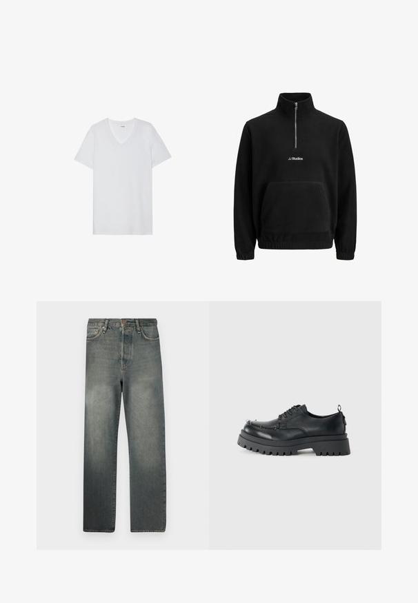 Czarny polarowy sweatshirt z półzamkiem przy szyi, przednią kieszenią i haftowanym logo 'JJ Studios'. Posiada elastyczne mankiety i luźny krój.; Biała koszulka z krótkim rękawem o dekolcie w serek, gładka tekstura, lekki materiał i dyskretne logo blisko kołnierza.; Jack & Jones JJIALEX JJCOOPER czarny denim; Czarne, masywne skórzane buty sznurowane z grubą, wytrzymałą podeszwą i metalowymi oczkami w okolicach palców, sfotografowane na jednolitym jasnym tle.