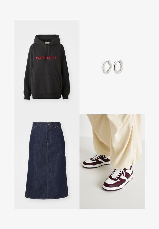 Sort hættetrøje lavet af en bomuldsblanding, med en frontlomme, ribbede manchetter og et rødt broderet "carhartt" logo på brystet.; Ribbede strikkede crop top, med et gradient mønster fra gul til lys lilla, har en tætsiddende form og en rund halsudskæring.; Mørk denimnederdel med høj talje, lige skæring, forlommer og stikninger. Har lynlås og knaplukning i taljen.; ONLY SHOES ONLSWIFT - Sneakers - white/dark red; Sølv hoops øreringe med en poleret finish, der har et cirkulært design og sømløse hængsler, hvilket giver en glat tekstur.