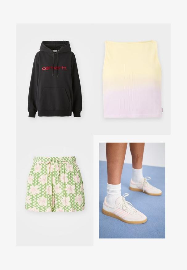 Black hoodie made of cotton blend, featuring a front pocket, ribbed cuffs, and a red embroidered "carhartt" logo on the chest.; Ribbed knit crop top, features a gradient pattern from yellow to light purple, with a fitted shape and a rounded neckline.; Green shorts with white wavy pattern and pink floral accents. Features an elastic waistband and adjustable tie. Made from lightweight fabric.; White and pink suede sneakers with three pink stripes, light tan rubber outsole, and white ribbed socks. Positioned on blue carpet.