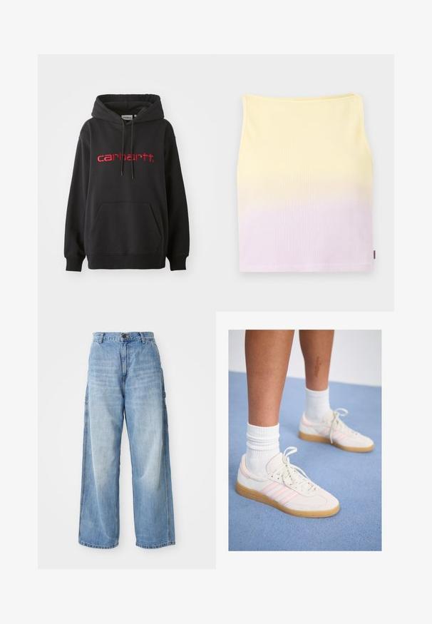 Mustapaita, joka on valmistettu puuvillasekoitteesta, sisältää etutaskun, ribbireunat ja punaisesti brodeeratun "carhartt"-logon rinnassa.; Ribattu kudottu crop toppi, jossa on liukuväri keltaisesta vaaleanpurahtavaan, muotoiltu malli ja pyöreä pääntie.; Vaaleansiniset leveälahkeiset farkut, joissa on korkea vyötärö, sivutaskut ja haalistunut pinta, valmistettu denimmateriaalista.; Valkoiset ja vaaleanpunaiset mokkanahkakengät, joissa on kolme vaaleanpunaista raitaa, vaaleanruskea kumipohja ja valkoiset ribbineulesukat. Sijoitettu siniselle matolle.