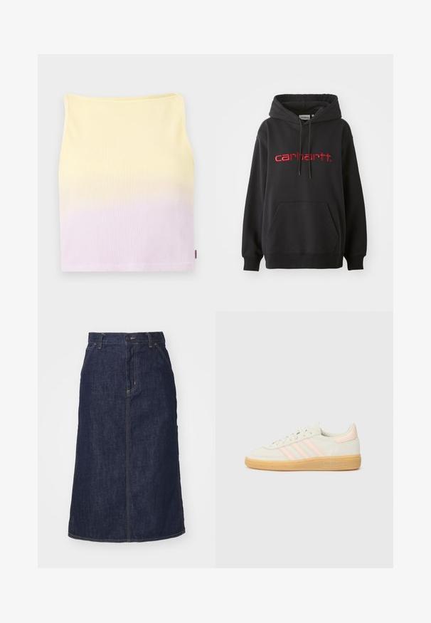 Sudadera negra de mezcla de algodón, con un bolsillo frontal, puños de canalé y un logotipo bordado en rojo de "carhartt" en el pecho.; Top corto de punto acanalado, presenta un patrón de gradiente que va del amarillo al púrpura claro, con una forma ajustada y un escote redondeado.; Falda de mezclilla oscura con cintura alta, corte recto, bolsillos delanteros y costuras cosidas. Presenta un cierre de cremallera y botón en la cintura.; Zapatillas de gamuza con parte superior crema, tres rayas en rosa pálido y suela de goma. Diseño de cordones con acentos cosidos y marca.