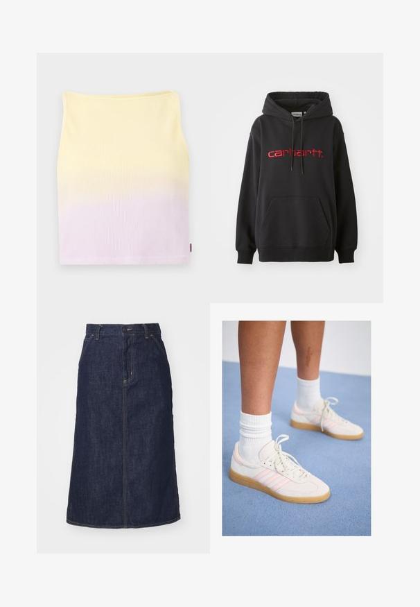 Felpa nera in misto cotone, con tasca frontale, polsini a costine e logo "carhartt" ricamato in rosso sul petto.; Top corto a coste, presenta un motivo a gradiente che va dal giallo al viola chiaro, con una forma aderente e un collo rotondo.; Gonna di jeans scuro con vita alta, taglio dritto, tasche frontali e cuciture a vista. Presenta una chiusura con zip e bottone in vita.; adidas Originals HANDBALL SPEZIAL - Sneakers basse - orbit grey/wonder quartz/gum