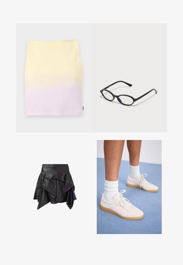 Black hoodie made of cotton blend, featuring a front pocket, ribbed cuffs, and a red embroidered "carhartt" logo on the chest.; Ribbed knit crop top, features a gradient pattern from yellow to light purple, with a fitted shape and a rounded neckline.; Black leather skirt featuring a flared, asymmetrical design with draped details and a fitted waistband. Smooth texture with a glossy finish.; White and pink suede sneakers with three pink stripes, light tan rubber outsole, and white ribbed socks. Positioned on blue carpet.; Black oval-frame glasses with translucent purple accents on the lenses. Frames have a matte finish and slender, straight temples.