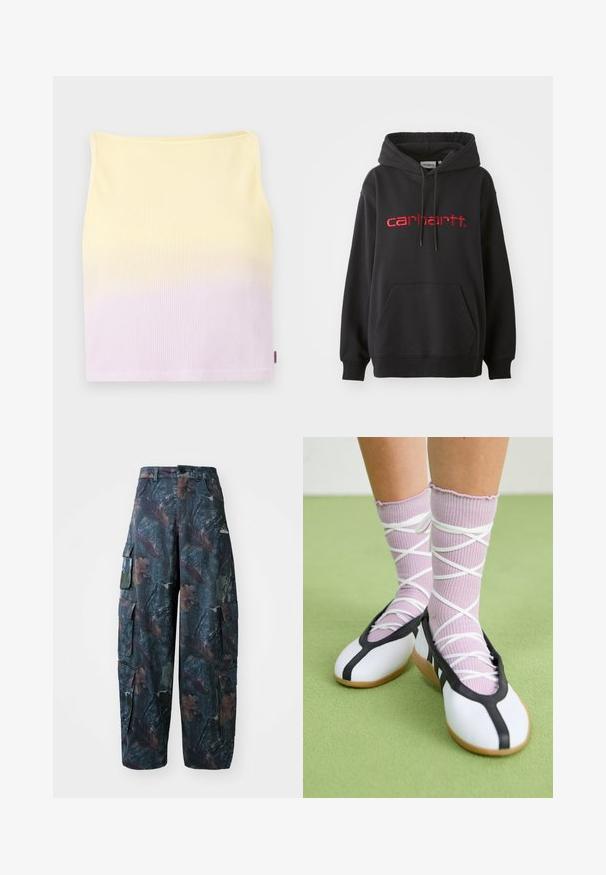 Zwarte hoodie van een katoenmix, met een voorktas, geribbelde manchetten en een rode geborduurde "carhartt" logo op de borst.; Geribbelde gebreide crop top, met een gradient patroon van geel naar lichtpaars, met een aansluitende vorm en een ronde halslijn.; Camo cargobroek in donkergroen en bruin, met meerdere zakken en een losse pasvorm, gemaakt van lichtgewicht, duurzaam materiaal.; Witte platte schoenen met een zwarte bies en zool, gecombineerd met lichtpaarse geribde sokken met witte kruislings banden. Geplaatst op een groene achtergrond.