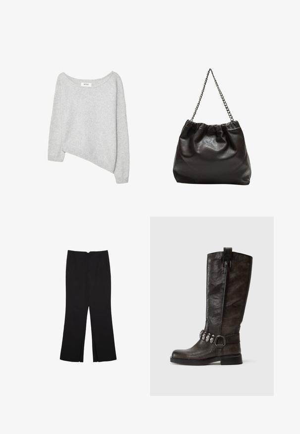 Šedý, nadměrný svetr s lodním dekolté, dlouhými rukávy a jedinečným asymetrickým lemem; vyrobený z měkké, texturované látky.; Černé kalhoty s rovným střihem, s předními kapsami a bočními rozparky na lemu. Vyrobené z jemné, hladké tkaniny. Vhodné na různé příležitosti.; Tamaris Kovbojské/motorkářské kozačky - cigar; Hnědá kožená taška se sbíraným vrškem a řetízkovým popruhem. Hladký povrch s lesklým finišem a jemným švem na bocích.