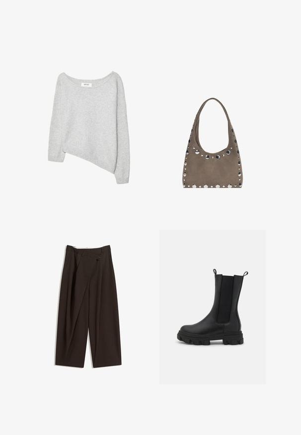 Szary, oversize sweter z dekoltem łódkowym, długimi rękawami i unikalnym asymetrycznym dołem; wykonany z miękkiej, teksturowanej tkaniny.; Ciemnobrązowe szerokie spodnie o wysokim stanie, z pojedynczym zapięciem na guzik i plisowanym przodem. Wykonane z lekkiego materiału.; Czarne botki Chelsea zrobione ze skóry i elastycznego materiału, z masywną gumową podeszwą o wyraźnym bieżniku oraz uchwytami do łatwego zakładania.; PULL&BEAR - Torba na zakupy