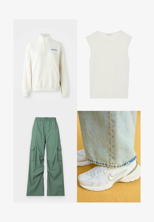 Krēmkrāsas zip-krāsu džemperis ar priekšējo kabatu, ribotām aprocēm un "new balance" logo zils krāsā uz krūtīm. Mīksta tekstūra.; Balts bez piedurknēm tops ar apaļu kakla izgriezumu. Izgatavots no gludas auduma, tam ir brīvs piegriezums un minimālistisks dizains. Nav nekādas rakstainības vai akcentu.; Zaļas kravas bikses ar elastīgu jostu, platām kājām un sānu kabatām. Izgatavotas no viegla auduma, ar gludu tekstūru un brīvu piegriezumu.; Balti sporta apavi ar sieta augšdaļu, zaļiem akcentiem, teksturētu zoli, kopā ar gaiši ziliem džinsiem ar saplēstu malu.