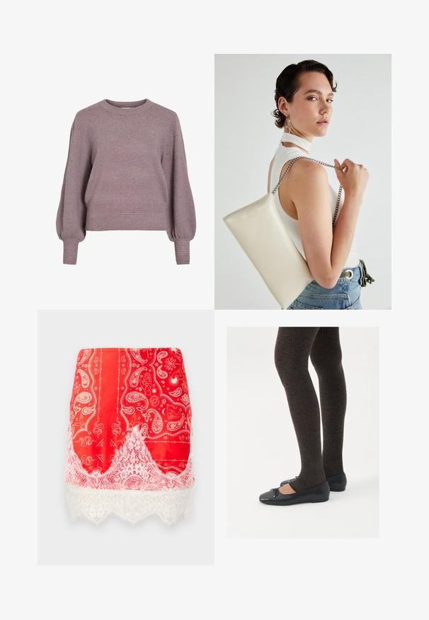 Strikket pullover i blød lilla med rund hals, lange ballonærmer og ribkant i nederkant og ved ærmerne for en struktureret finish.; Rød mini nederdel med hvide paisley- og mystiske mønstre, pyntet med hvid blomsterl Lace ved kanten.; Sorte flade sko med en lille sløjfedetalje ved tåen, parret med mørkebrune ribbede strømpebukser. Skoene har en glat overflade og lav profil.; Hvid rektangulær clutch-taske lavet af skinnende materiale, med en sølv kædetransport. Modellen poser, mens hun fremviser tasken mod en ensfarvet baggrund.