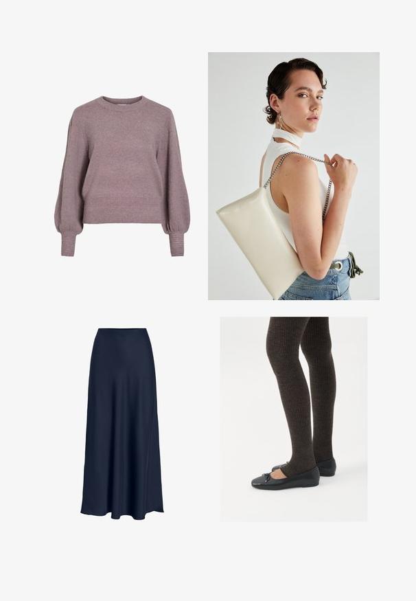 Pletený pulóver v jemnej fialovej farbe, s okrúhlym výstrihom, dlhými balónovými rukávmi a rebrovaným lemom a manžetami pre textúrovaný vzhľad.; Námornícky modrá saténová maxi sukňa s hladkou textúrou, vysokým pásom a splývavým siluetom. Končí s jemným zakrivením na leme.; Čierne ploché topánky s malou mašľou na špičke, v kombinácii s tmavohnedými rebrovanými pančuchami. Topánky majú hladký povrch a nízky profil.; Biely obdĺžnikový kabelka z lesklého materiálu s strieborným reťazovým popruhom. Model predvádza kabelku na jednotnom pozadí.
