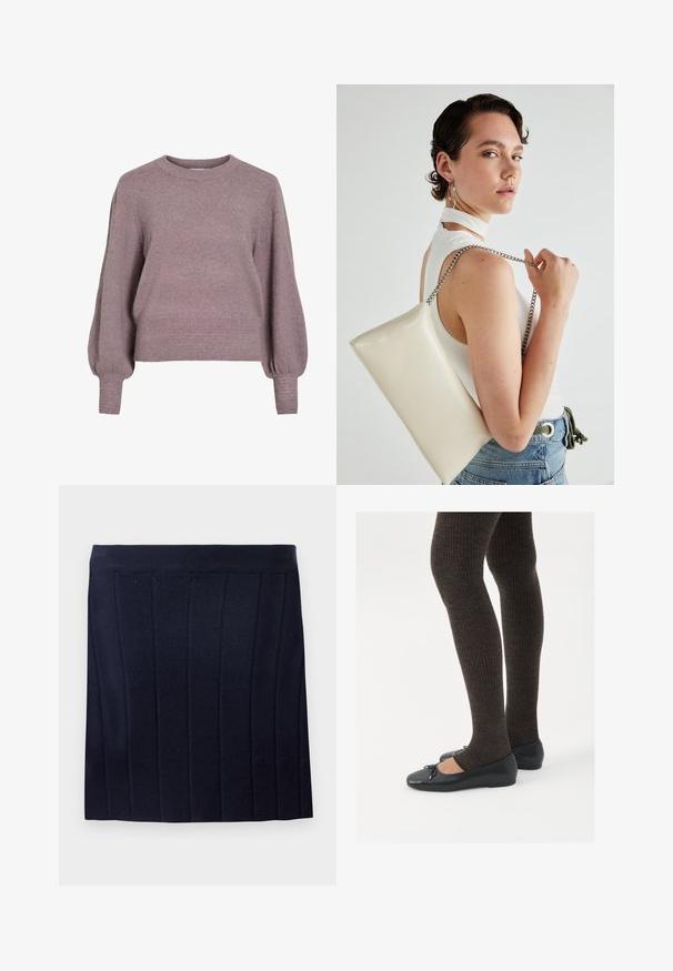 Stickad tröja i mjuk lila, med rundad halsringning, långa ballongsärmar och ribbade avslut på nederkant och ärmar för en texturerad finish.; Object OBJTHESS - Minikjol - sky captain; Svarta platta skor med en liten rosett vid tån, i kombination med mörkbruna ribbade strumpbyxor. Skorna har en slät yta och låg profil.; Vitt rektangulärt clutch-väsk i glänsande material, med en kedjesnor i silver. Modellen poserar och visar upp väskan mot en neutral bakgrund.