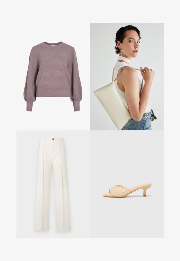 Pleteni pulover v mehki vijolični barvi, z okroglim izrezom, dolgimi balonskimi rokavi ter rebrastim robom in manšetami za teksturiran videz.; Bela široka hlače z visokim pasom, ki imajo dva sprednja pregiba, en gumb za zapiranje in žepe. Gladka tekstura tkanine.; Bežovi sandali sa otvorenim prstima i potpeticom, sa glatkom mat završnom obradom, koji imaju dekorativne prozirne kristale raspoređene u uzorak na gornjem delu.; Bela pravokotna torbica za ključe iz sijajnega materiala, opremljena s srebrno verižico. Model pozira in prikazuje torbico na enobarvni podlagi.