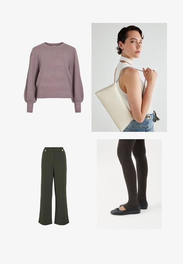 Stickad tröja i mjuk lila, med rundad halsringning, långa ballongsärmar och ribbade avslut på nederkant och ärmar för en texturerad finish.; Olivgröna byxor med vid ben och en slät textur, med två knappar i guldfärg i midjan och en ren, skräddarsydd siluett.; Svarta platta skor med en liten rosett vid tån, i kombination med mörkbruna ribbade strumpbyxor. Skorna har en slät yta och låg profil.; Vitt rektangulärt clutch-väsk i glänsande material, med en kedjesnor i silver. Modellen poserar och visar upp väskan mot en neutral bakgrund.