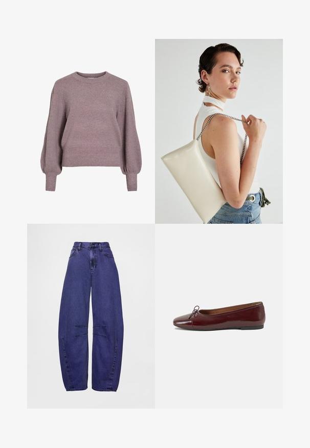Pletena puloveraj u mekoj ljubičastoj boji, s okruglim izrezom, dugim balon rukavima i rebrastim donjim rubom i manžetama za teksturirani finiš.; Traperice širokih nogavica ljubičaste boje s visokim strukom, prednjim džepovima i dva horizontalna šava preko nogu.; Burgundska lakirana balerinka s zaobljenim vrhom, malim mašnom sprijeda i niskom, crnom gumenom potplatu. Glatka tekstura.; Bijela pravokutna torbica s kopčanjem, izrađena od sjajnog materijala, s srebrnim lančićem. Model pozira, prikazujući torbicu na jednostavnoj pozadini.