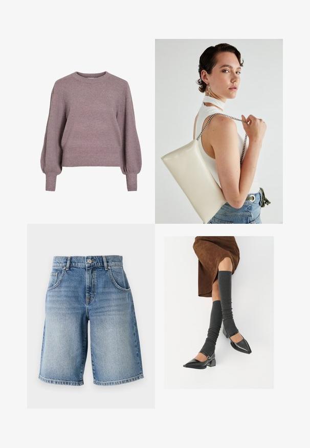 Pletený pulóver v jemnej fialovej farbe, s okrúhlym výstrihom, dlhými balónovými rukávmi a rebrovaným lemom a manžetami pre textúrovaný vzhľad.; Džínové šortky v svetlomodrej farbe so strihem rovného strihu, piatimi vreckami a bronzovými doplnkami. Majú roztřepený lem a umývanú textúru.; Čierne lakované kožené topánky s špicatou špičkou, blokovým podpätkom a členkovým remienkom, ktoré sú kombinované so šedými rebrovanými legínami a hnedou zamšovou sukňou.; Biely obdĺžnikový kabelka z lesklého materiálu s strieborným reťazovým popruhom. Model predvádza kabelku na jednotnom pozadí.