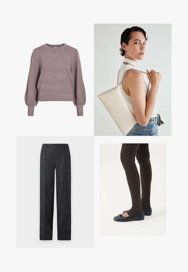Dzianinowy pulower w miękkim odcieniu fioletu, z okrągłym dekoltem, długimi balonowymi rękawami oraz prążkowanym dołem i mankietami dla teksturowanego wykończenia.; Ciemnoszare spodnie w kant o prostym kroju, wykonane z teksturowanej tkaniny z delikatnymi smugami. Posiadają płaski przód i szlufki na pasek.; Czarne płaskie buty z małym kokardkowym detalem na palcach, zestawione z ciemnobrązowymi rajstopami w prążki. Buty mają gładką teksturę i niski profil.; Biała prostokątna kopertówka wykonana z błyszczącego materiału, z srebrnym łańcuszkiem. Modelka pozuje, prezentując torebkę na jednolitym tle.