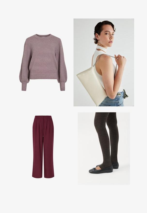 Stickad tröja i mjuk lila, med rundad halsringning, långa ballongsärmar och ribbade avslut på nederkant och ärmar för en texturerad finish.; Breda byxor i burgundy tyg med framfickor och elastisk midja. Mjuk textur, hel-längdsdesign.; Svarta platta skor med en liten rosett vid tån, i kombination med mörkbruna ribbade strumpbyxor. Skorna har en slät yta och låg profil.; Vitt rektangulärt clutch-väsk i glänsande material, med en kedjesnor i silver. Modellen poserar och visar upp väskan mot en neutral bakgrund.