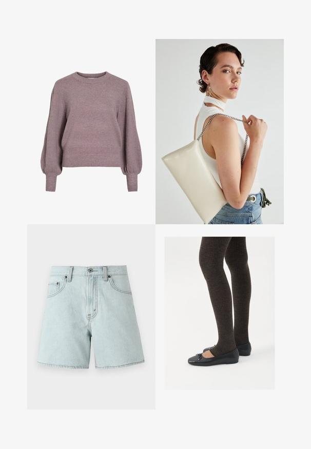 Knitted pullover sweater in soft purple, featuring a crew neck, long balloon sleeves, and a ribbed hem and cuffs for a textured finish.; Light blue denim shorts with a high waist, featuring two front pockets, a button closure, and side stitching details.; Black flat shoes with a small bow detail at the toe, paired with dark brown ribbed tights. Shoes have a smooth texture and low profile.; White rectangular clutch bag made of glossy material, featuring a silver chain strap. Model poses, showcasing the bag against a plain background.