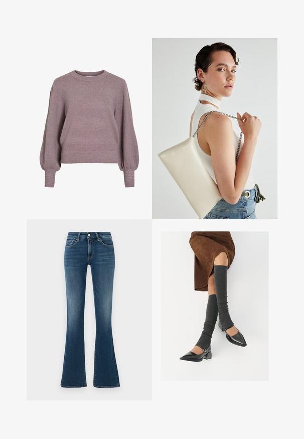 Pehmeast lillast lõngast kootud sviiter, millel on ümmargune kaelus, pikad ballonvarrukad ning soonik serv ja mansetid, et saavutada tekstuuriline viimistlus.; Sinise teksased kõrge vöökohaga, kerge fade-iga, ees olevate taskutega, nuppu, lukku ja laienevaid jalgu, neutraalse hele taustaga.; Mustad patsaline odav värviga kingad, millel on kreen ja pahkluuring, on paaritatud hallide ribakudumitega sääremiidega ja pruunist nahast seelikuga.; Valge ristkülikuline kotti, mis on valmistatud läikivast materjalist, hõbedase ahelsangaga. Mudel poseerib, tutvustades kotti ühtlase taustaga.