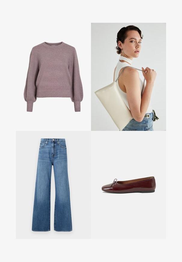 Puhaszálas, lágy lila kötött pulóver, kerek nyakkal, hosszú, ballonujjakkal, bordás alsó résszel és mandzsettákkal a texturált megjelenés érdekében.; Sötétkék, magas derekú, bőszárú farmernadrág, gombos és cipzáras záródással, elülső zsebekkel és finom kopással az anyagon.; Burgundi lakkbőr balettcipő kerek orral, elöl kis masni díszítéssel és alacsony, fekete gumi talppal. Simára csiszolt felület.; Fehér, téglalap alakú, fényes anyagból készült clutch táska, ezüst láncos pánttal. A modell pózol, bemutatva a táskát egy egyszínű háttér előtt.