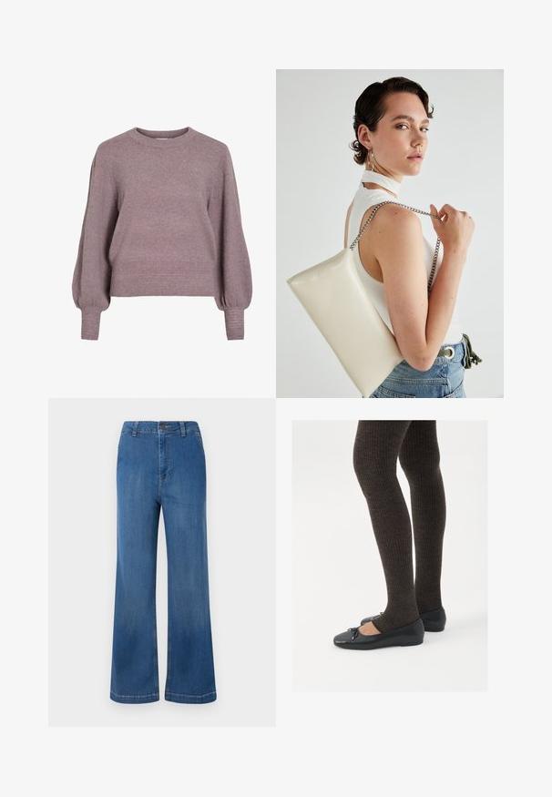 Gebreide pullover trui in zacht paars, met een ronde hals, lange ballonmouwen en een geribbelde zoom en manchetten voor een textuurafwerking.; Brede blauwe spijkerbroek met hoge taille, voorzien van een knoopsluiting, vijf zakken en een vervaagde textuur.; Zwarte platte schoenen met een kleine strikdetail op de neus, gecombineerd met donkerbruine geribbelde panty’s. De schoenen hebben een gladde textuur en een lage profiel.; Witte rechthoekige clutch tas gemaakt van glanzend materiaal, met een zilveren kettingband. Model poseert en toont de tas tegen een effen achtergrond.