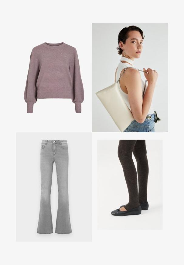 Suéter de punto en suave color púrpura, con cuello redondo, mangas largas tipo globo y un dobladillo y puños acanalados para un acabado texturizado.; Jeans acampanados grises de denimb, con un diseño clásico de cinco bolsillos, cremallera y sutiles detalles de desvanecimiento a lo largo de las piernas.; Zapatos planos negros con un pequeño lazo en la punta, combinados con medias de punto en marrón oscuro. Los zapatos tienen una textura suave y un perfil bajo.; Bolso de mano rectangular blanco, hecho de un material brillante, con una cadena plateada. La modelo posa, mostrando el bolso frente a un fondo liso.