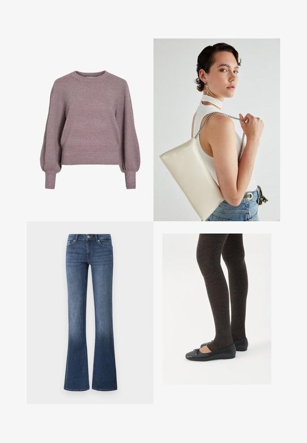 Neulottu pullover villapaita pehmeässä purppurassa, jossa on pyöreä pääntie, pitkät palloselkäiset hihat, sekä ribbireunus ja hihansuut, jotka tarjoavat tekstuuria.; Farkut, joissa on levenevät lahkeet, valmistettu denimistä, keskipesua, viisi taskua, vetoketju ja nappisulku. Tasainen pinta.; Mustat matalat kengät, joissa on pieni nauha varpaissa, yhdistettynä tummanruskeisiin ribattuisiin sukkahousuihin. Kengissä on sileä pinta ja matala profiili.; Valkoinen suorakulmainen clutch-laukku, joka on valmistettu kiiltävästä materiaalista ja jossa on hopeinen ketjuolkahihna. Malli poseeraa laukku käsivarsillaan yksinkertaista taustaa vasten.