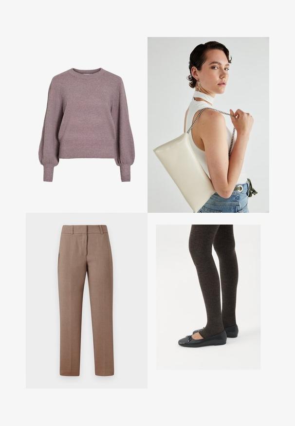 Pleteni pulover v mehki vijolični barvi, z okroglim izrezom, dolgimi balonskimi rokavi ter rebrastim robom in manšetami za teksturiran videz.; Svetlosmeđe krojene hlače sa glatkom teksturom, ravnim prednjim delom, bočnim džepovima i ravnim nogavicama. Tkanina ima suptilan dezen.; Črne ravne čevlje z majhnim lokom na prstih, v kombinaciji s temno rjavimi rebrastimi nogavicami. Čevlji imajo gladko teksturo in nizko obliko.; Bela pravokotna torbica za ključe iz sijajnega materiala, opremljena s srebrno verižico. Model pozira in prikazuje torbico na enobarvni podlagi.