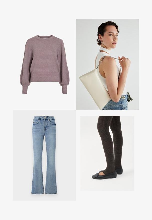 Pletena puloveraj u mekoj ljubičastoj boji, s okruglim izrezom, dugim balon rukavima i rebrastim donjim rubom i manžetama za teksturirani finiš.; Svijetloplave traperice s visokim strukom, prednjim kopčanjem na gumb i patentni zatvarač, pet džepova i blago proširenim nogavicama.; Crne ravne cipele s malim mašnom na vrhu prstiju, uparene s tamnosmešnim rebrovanim čarapama. Cipele imaju glatku teksturu i nizak profil.; Bijela pravokutna torbica s kopčanjem, izrađena od sjajnog materijala, s srebrnim lančićem. Model pozira, prikazujući torbicu na jednostavnoj pozadini.