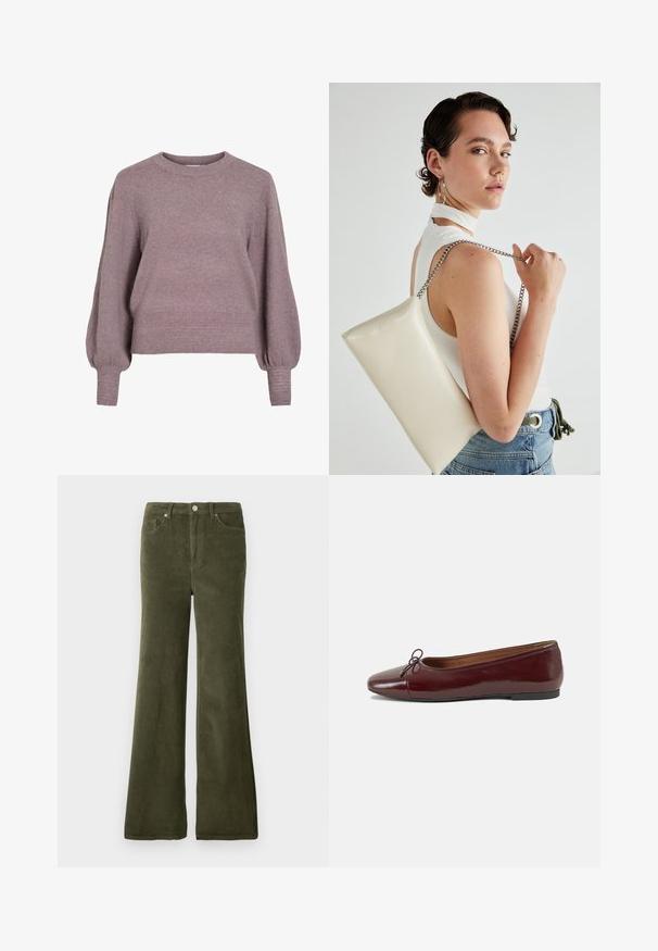 Neulottu pullover villapaita pehmeässä purppurassa, jossa on pyöreä pääntie, pitkät palloselkäiset hihat, sekä ribbireunus ja hihansuut, jotka tarjoavat tekstuuria.; Olivi vihreät corduroypöksyt, joissa on suora pinta, etutaskut ja metallinen nappisuljin vyötäröllä.; Burgundin värinen lakattu nahkainen ballerinatossu pyöreällä varvaskärjellä, pienen nauhan yksityiskohdalla edessä ja matalalla mustalla kumipohjalla. Sujuva pinta.; Valkoinen suorakulmainen clutch-laukku, joka on valmistettu kiiltävästä materiaalista ja jossa on hopeinen ketjuolkahihna. Malli poseeraa laukku käsivarsillaan yksinkertaista taustaa vasten.