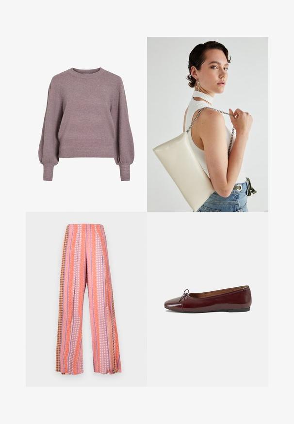 Adīta džemperis mīkstā purpursarkanā krāsā ar apaļu kakla izgriezumu, garām ballonveida piedurknēm, kā arī ribota apakšmalu un aprocēm, piešķirot teksturētu apdari.; Platjas ar plašiem uzvalkiem, kas rotātas ar vertikālām svītrām rozā, oranžā un brūnā krāsā. Raksti ietver gan ziedu, gan ģeometriskas formas.; Burgundijas laku ādas baleta kurpes ar noapaļotu purngalu, nelielu loku akcentu priekšā un zemu melnu gumijas zoli. Gluda tekstūra.; Balts taisnstūra clutch soma, izgatavota no spīdīga materiāla, ar sudraba ķēdes siksnu. Modelis pozē, demonstrējot somu uz vienkārša fona.