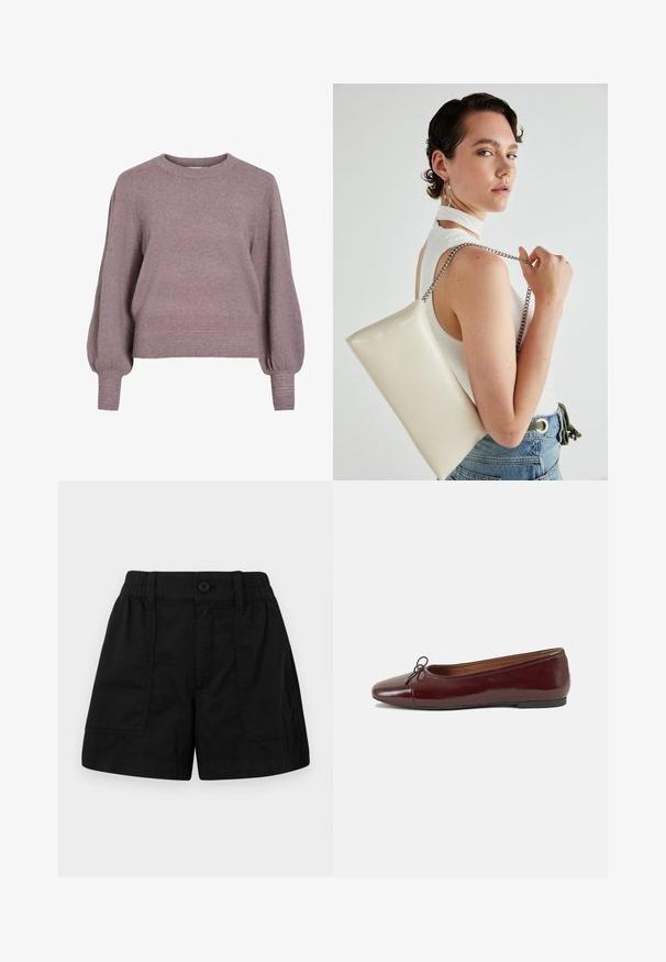 Gebreide pullover trui in zacht paars, met een ronde hals, lange ballonmouwen en een geribbelde zoom en manchetten voor een textuurafwerking.; Zwarte katoenen shorts met een elastische tailleband en een knoopsluiting, voorzien van twee voorzakken en een rechte snit. Zachte textuur.; Bordeaux gepatenteerd lederen ballerina met een ronde neus, een klein strikaccent aan de voorkant en een lage, zwarte rubberen zool. Glad textuur.; Witte rechthoekige clutch tas gemaakt van glanzend materiaal, met een zilveren kettingband. Model poseert en toont de tas tegen een effen achtergrond.