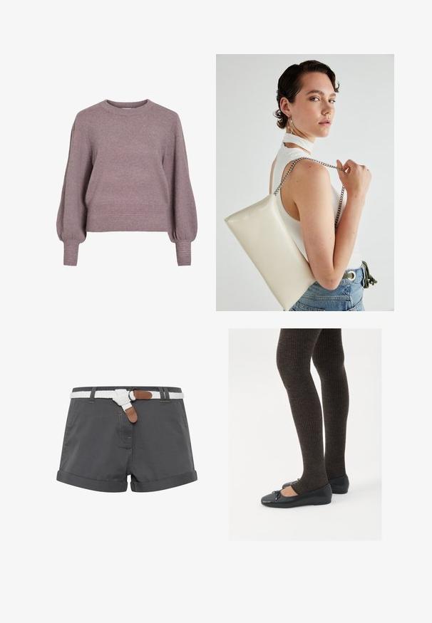 Knitted pullover sweater in soft purple, featuring a crew neck, long balloon sleeves, and a ribbed hem and cuffs for a textured finish.; Gray cotton shorts with rolled hems, featuring a white braided belt and brown leather accents. Stitching detail visible on the fabric.; Black flat shoes with a small bow detail at the toe, paired with dark brown ribbed tights. Shoes have a smooth texture and low profile.; White rectangular clutch bag made of glossy material, featuring a silver chain strap. Model poses, showcasing the bag against a plain background.