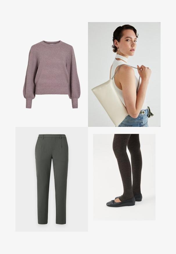 Pletený svetr v jemné fialové barvě, se širokým výstřihem, dlouhými balónovými rukávy a žebrovaným lemem a manžetami pro strukturovaný vzhled.; Tmavě zelené kalhoty s přiléhavým střihem, které mají dvě boční kapsy, zapínání na zip a skladové detaily pro strukturovaný design.; Černé ploché boty s malou mašlí na špičce, kombinované s tmavě hnědými žebrovanými punčochami. Boty mají hladký povrch a nízký profil.; Bílá obdélníková psaníčko vyrobené z lesklého materiálu, se stříbrným řetízkovým popruhem. Modelka pózuje a předvádí tašku na jednobarevném pozadí.