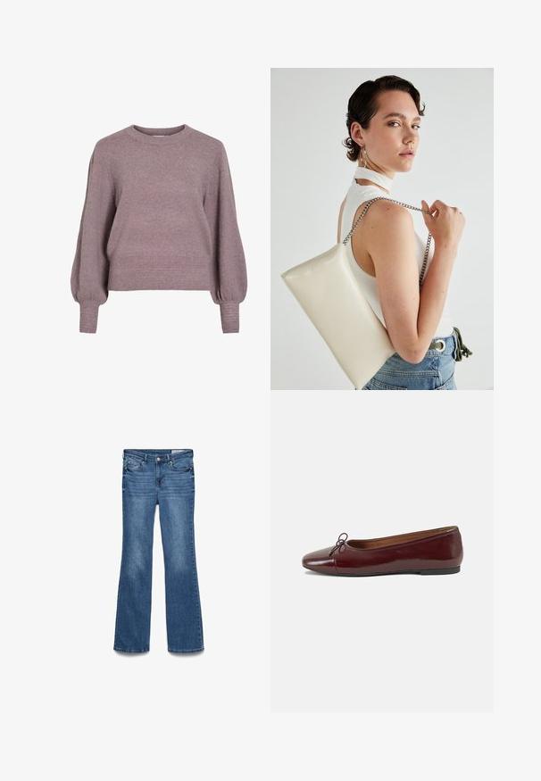 Pletena puloveraj u mekoj ljubičastoj boji, s okruglim izrezom, dugim balon rukavima i rebrastim donjim rubom i manžetama za teksturirani finiš.; Plave traperice s raširanim nogavicama i srednjim strukom, s dva prednja džepa i šavom na pojasu. Mekana tekstura i tradicionalni dizajn s pet džepova.; Burgundska lakirana balerinka s zaobljenim vrhom, malim mašnom sprijeda i niskom, crnom gumenom potplatu. Glatka tekstura.; Bijela pravokutna torbica s kopčanjem, izrađena od sjajnog materijala, s srebrnim lančićem. Model pozira, prikazujući torbicu na jednostavnoj pozadini.