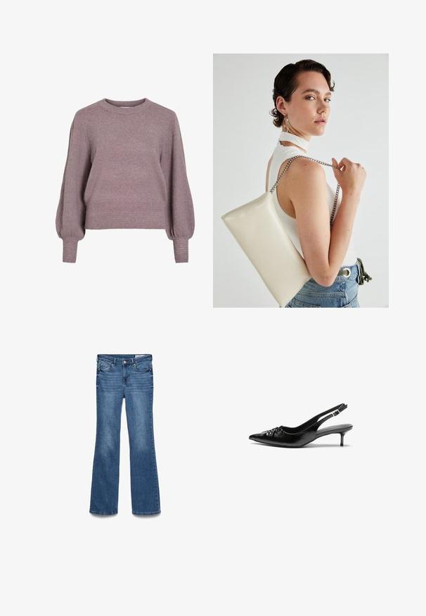 Suéter de punto en suave color púrpura, con cuello redondo, mangas largas tipo globo y un dobladillo y puños acanalados para un acabado texturizado.; Vaqueros de mezclilla azul acampanados con una cintura de media altura, dos bolsillos frontales y una cinturilla cosida. Textura suave y diseño tradicional de cinco bolsillos.; Tacones slingback de cuero negro con punta afilada, pequeño tacón kitten y un detalle de nudo decorativo en la parte frontal. Textura suave en toda la superficie.; Bolso de mano rectangular blanco, hecho de un material brillante, con una cadena plateada. La modelo posa, mostrando el bolso frente a un fondo liso.