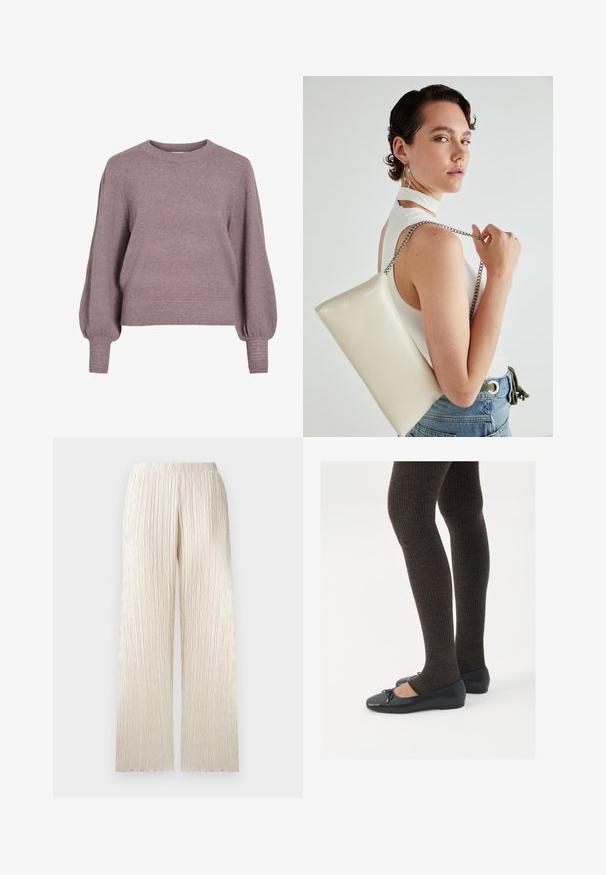 Knitted pullover sweater in soft purple, featuring a crew neck, long balloon sleeves, and a ribbed hem and cuffs for a textured finish.; Cream-colored wide-leg pants with a textured, pleated design and an elastic waistband. Straight cut with a soft, flowing appearance.; Black flat shoes with a small bow detail at the toe, paired with dark brown ribbed tights. Shoes have a smooth texture and low profile.; White rectangular clutch bag made of glossy material, featuring a silver chain strap. Model poses, showcasing the bag against a plain background.