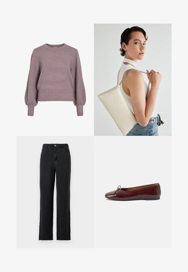 Pulover tricotat în violet deschis, cu guler rotund, mâneci lungi tip balon și un tiv și manșete cu model ribat pentru un finisaj texturat.; Jeans negre cu textură, cu picioare largi, cu buzunare frontale și închidere cu buton, pe un fundal simplu.; Balerini din piele patent burgund cu vârful rotund, accent de fundiță mică în față și talpă joasă din cauciuc negru. Textură netedă.; Geantă de clutch rectangulară albă, realizată dintr-un material lucios, având o curea de lanț argintie. Modelul pozează, evidențiind geanta pe un fundal simplu.