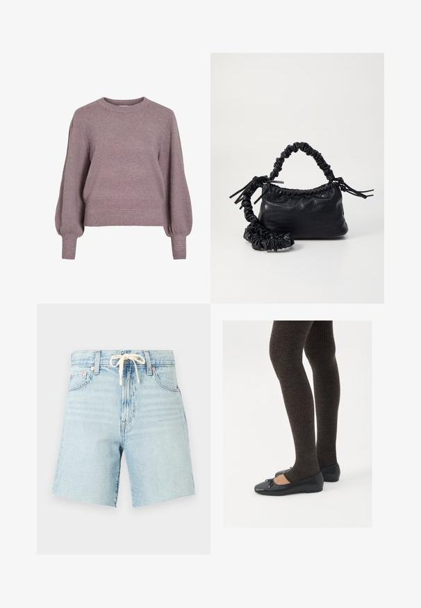 Purinė megzto puloverio su pečių apykakle, ilgomis balioninėmis rankovėmis ir sienelėmis bei rankogaliais, suteikiančiais tekstūruotą apdailą, švelniai violetinės spalvos.; Šviesiai mėlynos džinsinės šortai su raišteliu juosmens, šiek tiek apdribusiu kraštu ir penkiais kišeniais. Yra nublukusi tekstūra ir variniai rivetai.; Juodos plokščios bateliai su maža kaspinėlio detale prie pirštų, derinami su tamsiai rudos spalvos raukšlėtomis pėdkelnėmis. Bateliai turi lygų paviršių ir žemą profilį.; Juodas dirbtinės odos rankinė su krokodilo tekstūra, sušnibždinta viršuje ir susikraipytu dirželiu. Atrodo minkšta ir kompaktiška.