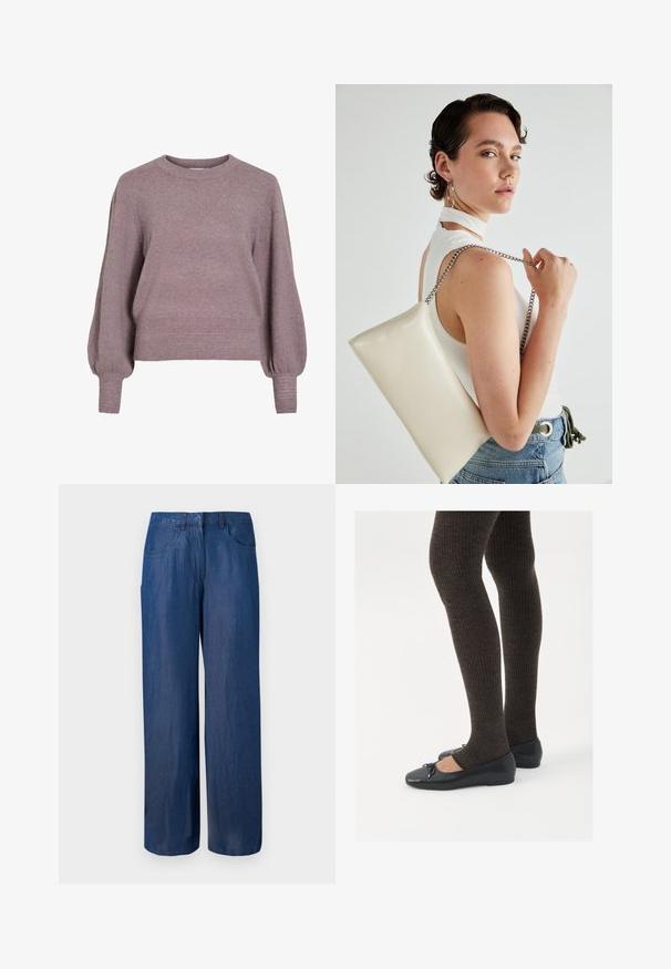 Adīta džemperis mīkstā purpursarkanā krāsā ar apaļu kakla izgriezumu, garām ballonveida piedurknēm, kā arī ribota apakšmalu un aprocēm, piešķirot teksturētu apdari.; Plati kāju džinsi tumši zilā krāsā. Izgatavoti no kokvilnas ar gludu tekstūru. Satur divas priekšējās kabatas un pogu aizdari jostasvietā.; Melnas plakano formas kurpes ar mazu loku uz pirksta, apvienotas ar tumši brūnām ribotām zeķubiksēm. Kurpēm ir gluda tekstūra un zems profils.; Balts taisnstūra clutch soma, izgatavota no spīdīga materiāla, ar sudraba ķēdes siksnu. Modelis pozē, demonstrējot somu uz vienkārša fona.