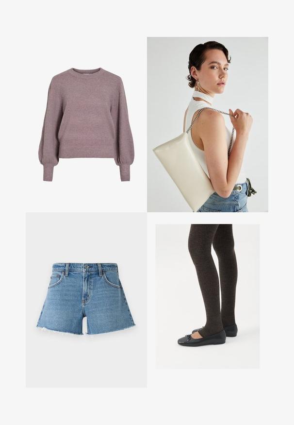 Pull en tricot dans un doux violet, avec un col rond, de longues manches ballons et un ourlet et des poignets côtelés pour une finition texturée.; Shorts en denim taille haute de couleur bleu clair. Avec un ourlet effiloché et cinq poches. Design classique avec des rivets en cuivré et une fermeture à bouton à l'avant.; Chaussures plates noires avec un petit nœud au niveau des orteils, associées à des collants côtelés marron foncé. Les chaussures ont une texture lisse et un profil bas.; Pochette rectangulaire blanche en matériau brillant, avec une bandoulière en chaîne argentée. Le modèle pose en mettant en valeur le sac contre un fond uni.