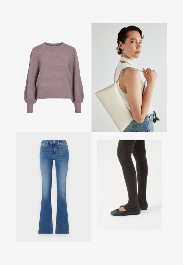 Adīta džemperis mīkstā purpursarkanā krāsā ar apaļu kakla izgriezumu, garām ballonveida piedurknēm, kā arī ribota apakšmalu un aprocēm, piešķirot teksturētu apdari.; Zilas denima augstas jostas bikses ar priekšējiem kabatām, pogu un rāvējslēdzi, kā arī paplašinātām kājām.; Melnas plakano formas kurpes ar mazu loku uz pirksta, apvienotas ar tumši brūnām ribotām zeķubiksēm. Kurpēm ir gluda tekstūra un zems profils.; Balts taisnstūra clutch soma, izgatavota no spīdīga materiāla, ar sudraba ķēdes siksnu. Modelis pozē, demonstrējot somu uz vienkārša fona.