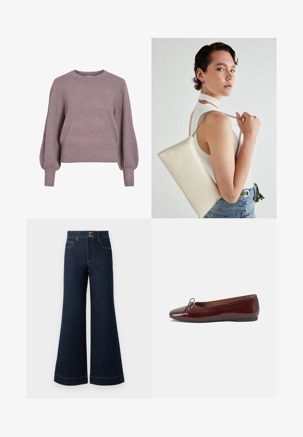 Pleteni pulover v mehki vijolični barvi, z okroglim izrezom, dolgimi balonskimi rokavi ter rebrastim robom in manšetami za teksturiran videz.; Temno modri kavbojki z širokimi robovi, visokim pasom, sprednjimi žepi in kontrastnim zlatim šivanjem. Imajo dvojno zaponko.; Burgundska patenti usnjeni baletni čevlji z zaobljenim prstom, majhnim lokom na sprednji strani in nizkim črnim gumijastim podplatom. Gladka tekstura.; Bela pravokotna torbica za ključe iz sijajnega materiala, opremljena s srebrno verižico. Model pozira in prikazuje torbico na enobarvni podlagi.