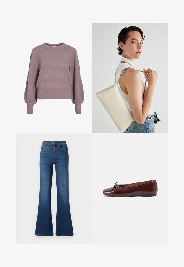 Pulôver de malha em roxo suave, com gola redonda, mangas longas em balão, e bainha e punhos canelados para um acabamento texturizado.; Jeans de ganga flare feitos de tecido de algodão de peso médio, apresentando um tom azul profundo, costuras contrastantes e um design tradicional de cinco bolsos.; Bailarinas em couro sintético borgonha com bico redondo, pequeno laço na frente e sola baixa em borracha preta. Textura suave.; Bolsa de mão retangular branca, feita de material brilhante, com uma alça em corrente prateada. Modelo posa, exibindo a bolsa contra um fundo simples.